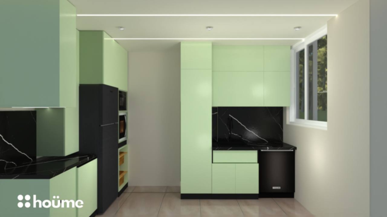A contemporary kitchen featuring green cabinets, black countertops, and integrated appliances, as showcased on Houme India's website. B