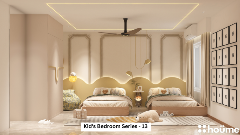 A warm, inviting kids' bedroom with two single beds, soft lighting, and a playful wavy wall design. A