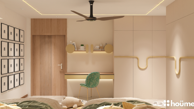 A warm, inviting kids' bedroom with two single beds, soft lighting, and a playful wavy wall design. C