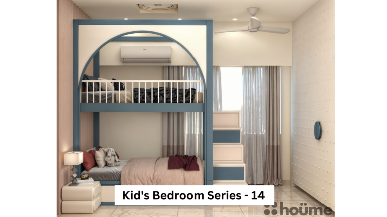 A modern kids' bedroom featuring a space-saving bunk bed with a blue frame and integrated staircase. A