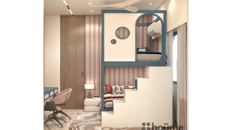 A modern kids' bedroom featuring a space-saving bunk bed with a blue frame and integrated staircase. C