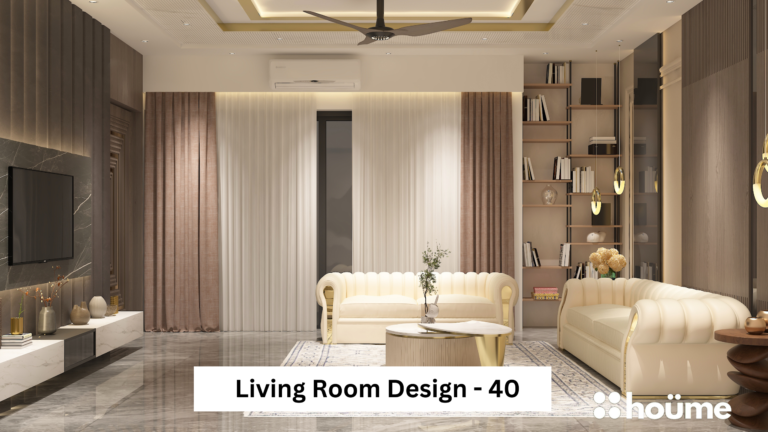 Elevate your living space with this sophisticated design featuring plush sofas in neutral tones, a striking marble-style TV wall, and elegant gold accents.  Visit 

www.houmeindia.com for more inspiring living room ideas.