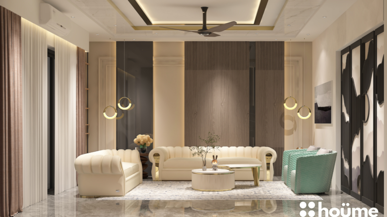 A modern living room with beige sofas, a marble-style TV wall, and gold accents. B