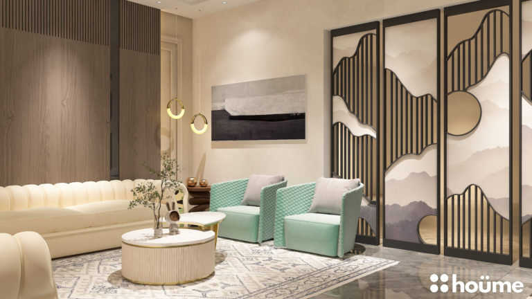 A modern living room with beige sofas, a marble-style TV wall, and gold accents. D