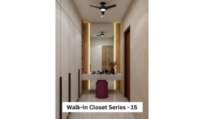 A well-lit walk-in closet with built-in wardrobes, a vanity table, and a plush stool. A