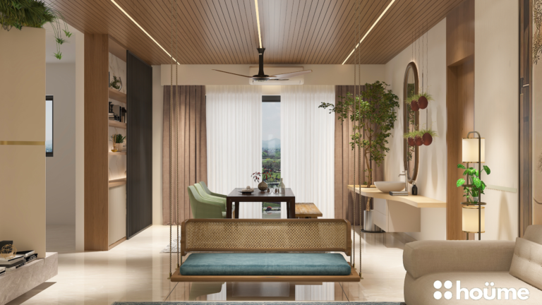 A minimalist living room featuring a nature-themed mural, a hanging swing chair, and a cream-colored sofa. C