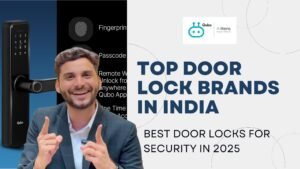 An infographic highlighting the features and benefits of Qubo smart locks, including fingerprint, passcode, remote, and app access.