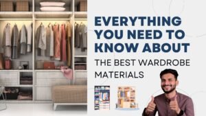 A person exploring a variety of wardrobe materials, including wood finishes, laminates, and glass.