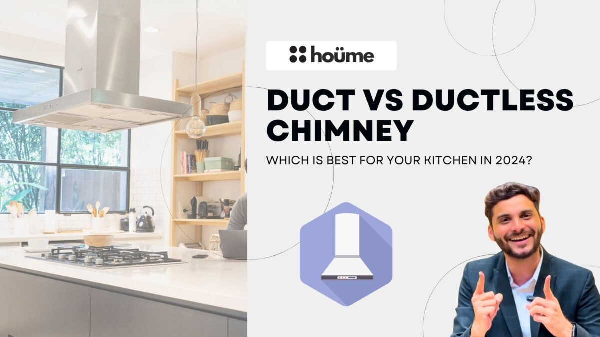 A split image comparing ducted and ductless chimneys for kitchens, with text asking "Which is best for your kitchen in 2024?".