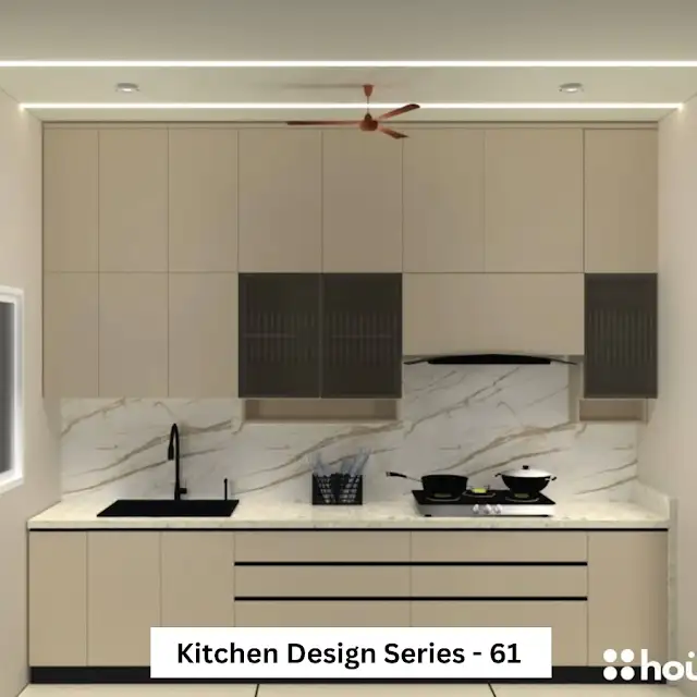 A contemporary kitchen featuring sleek beige cabinets, a contrasting black backsplash, and integrated appliances. A