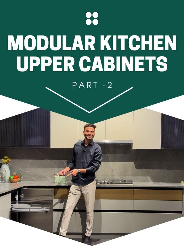 A sleek, modern kitchen with a variety of upper cabinets, showcasing different styles and storage solutions.