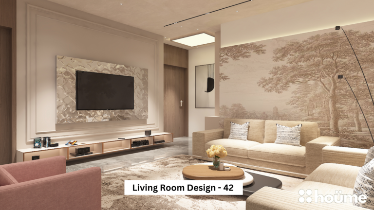 A stylish living room design featuring a neutral color palette, a large nature-themed accent wall, and a modern entertainment center. A