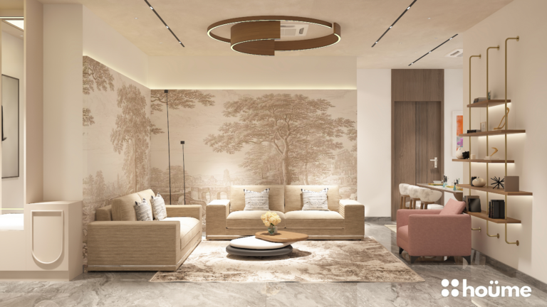 A stylish living room design featuring a neutral color palette, a large nature-themed accent wall, and a modern entertainment center. B