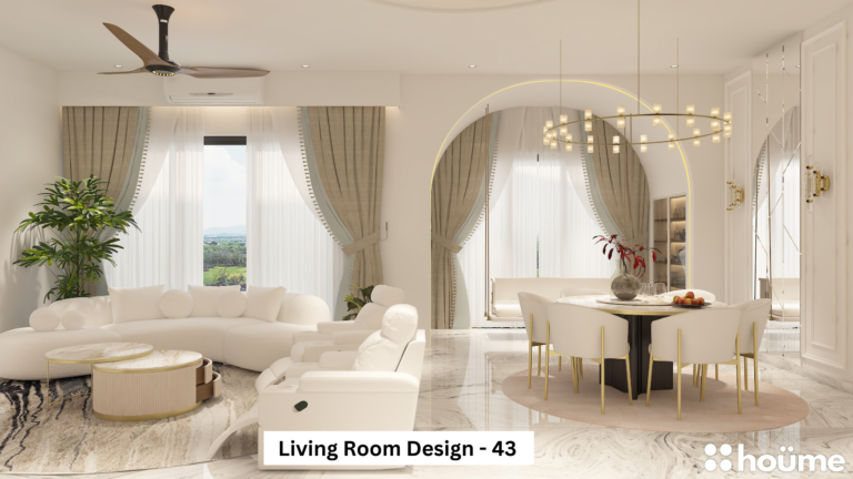 A bright and airy open-plan living and dining room with arched doorways, a white curved sofa, and a round dining table.A