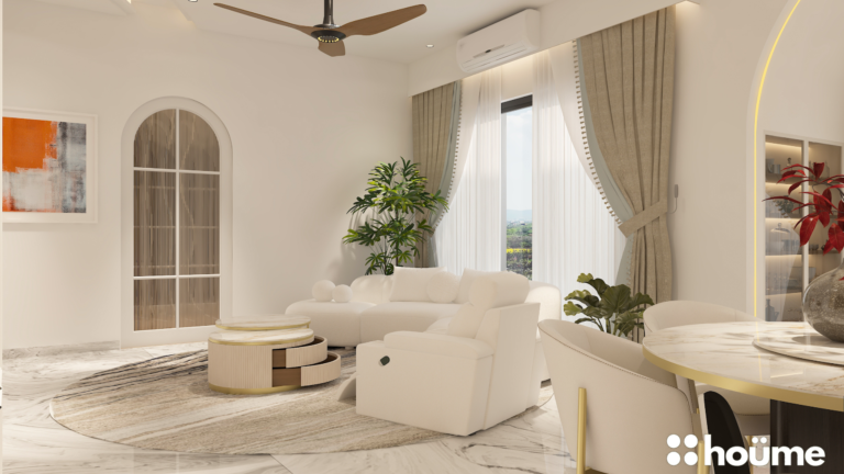 A bright and airy open-plan living and dining room with arched doorways, a white curved sofa, and a round dining table. C