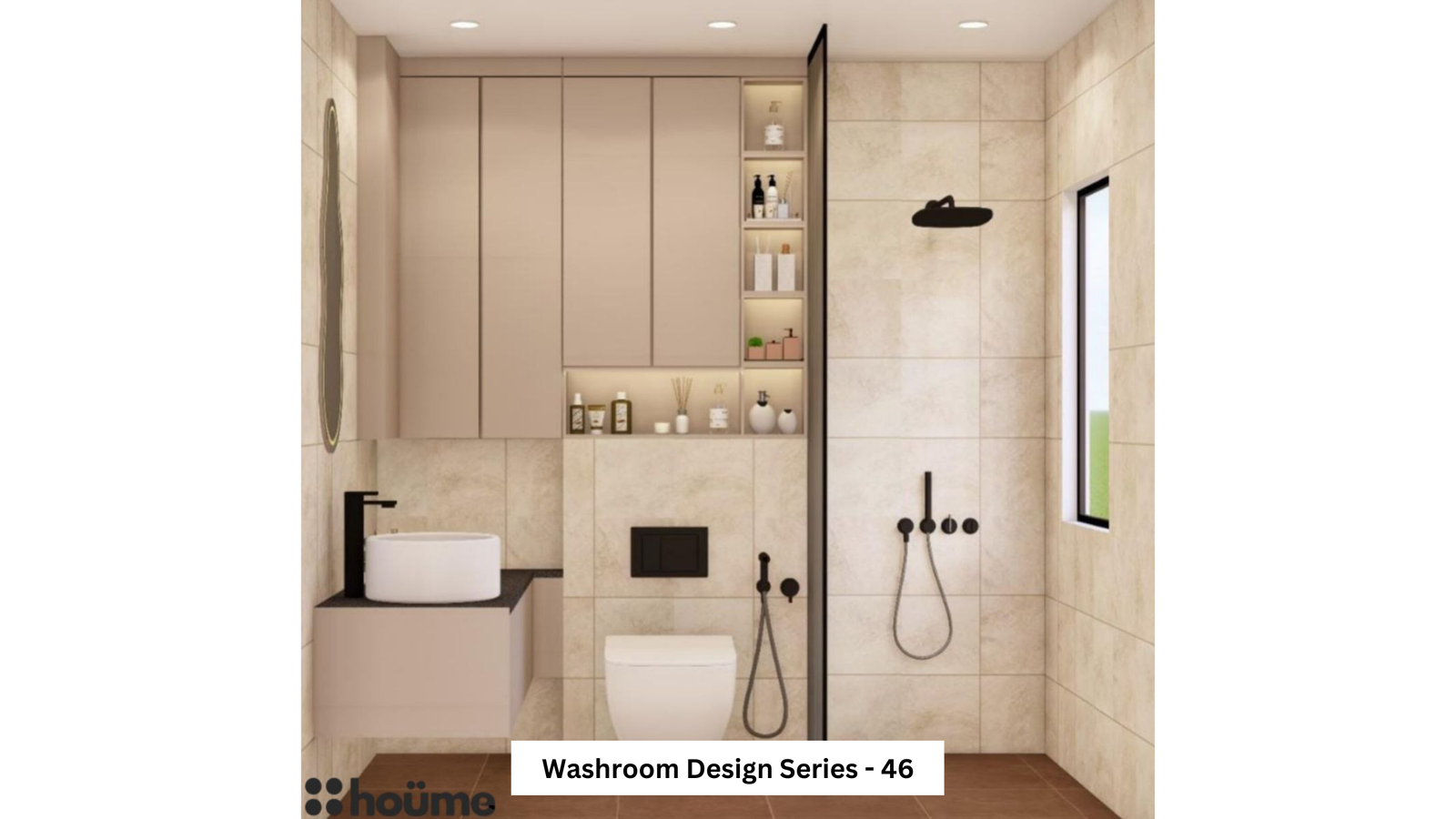 A contemporary washroom featuring beige tiles, a walk-in shower with black fixtures, and a floating vanity with integrated storage. A