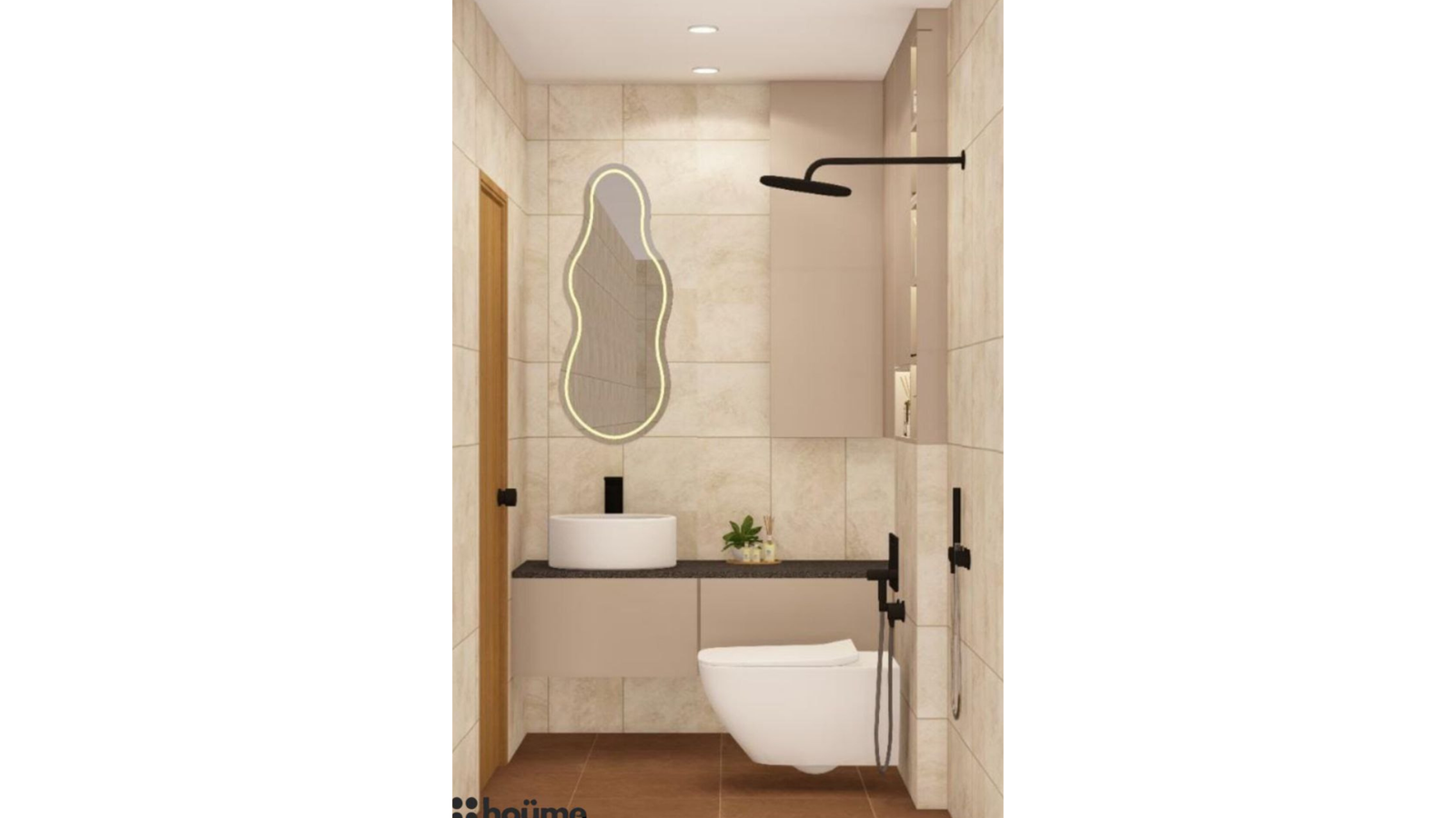 A contemporary washroom featuring beige tiles, a walk-in shower with black fixtures, and a floating vanity with integrated storage. B