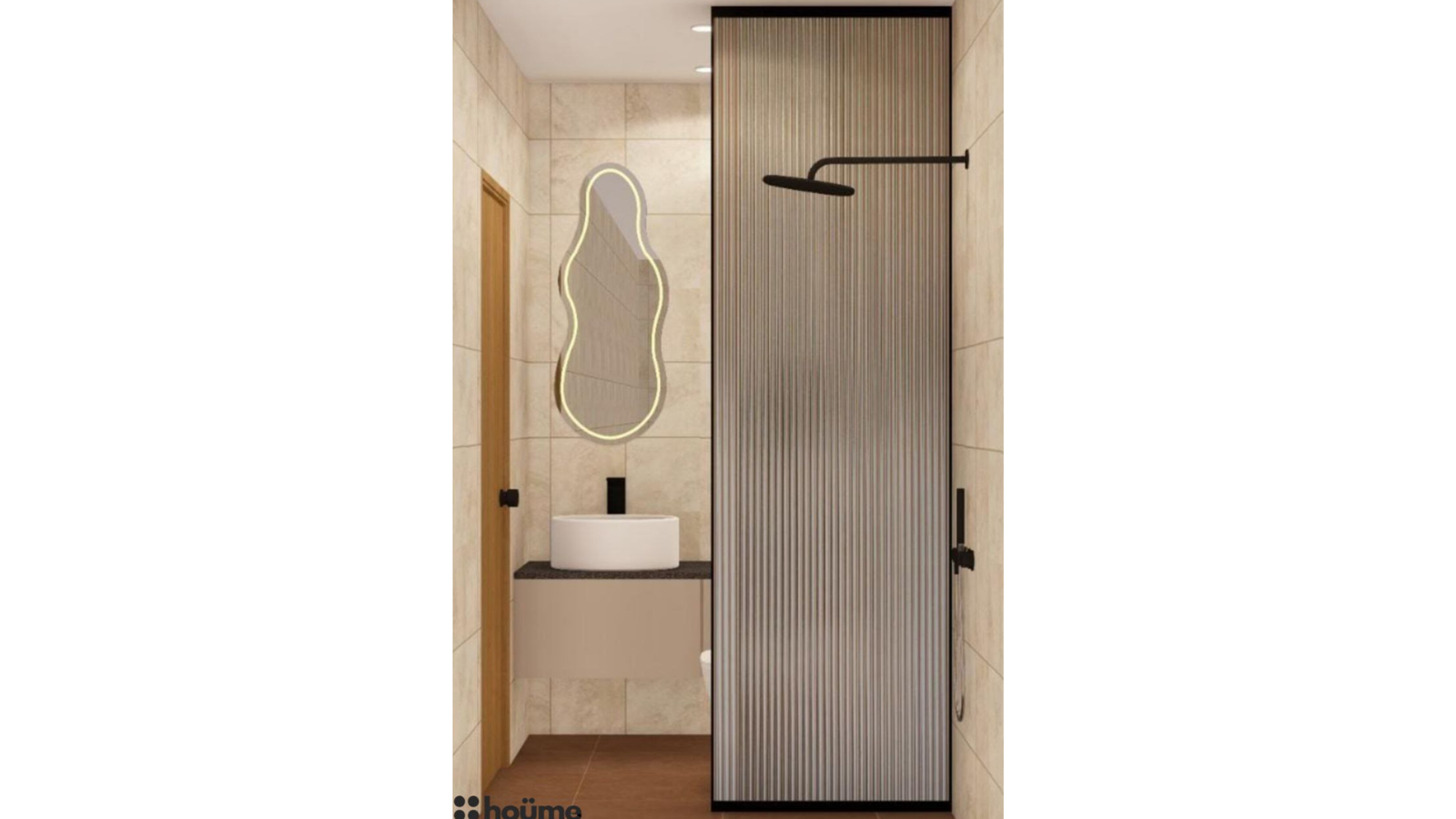 A contemporary washroom featuring beige tiles, a walk-in shower with black fixtures, and a floating vanity with integrated storage. C