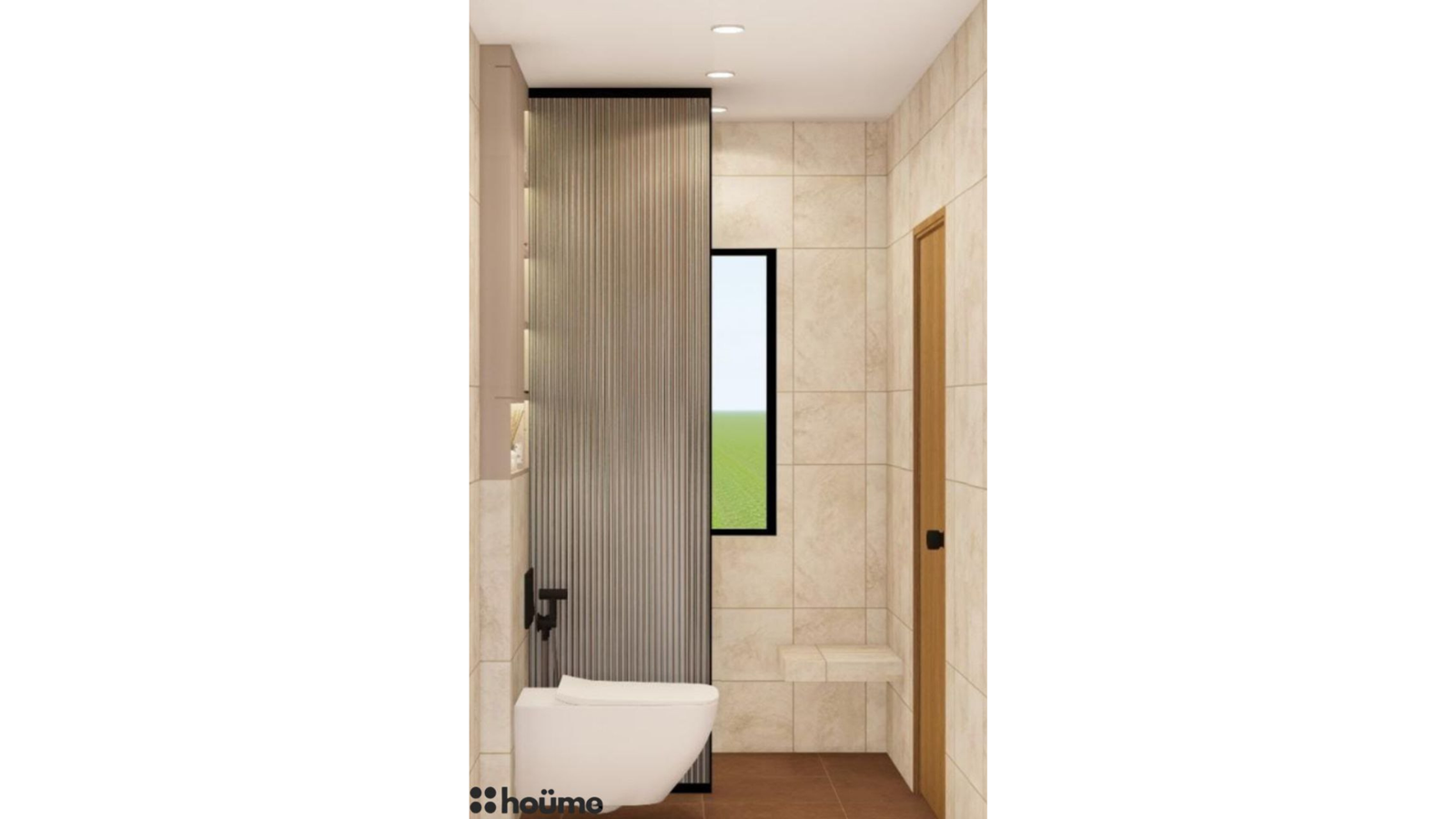 A contemporary washroom featuring beige tiles, a walk-in shower with black fixtures, and a floating vanity with integrated storage. D