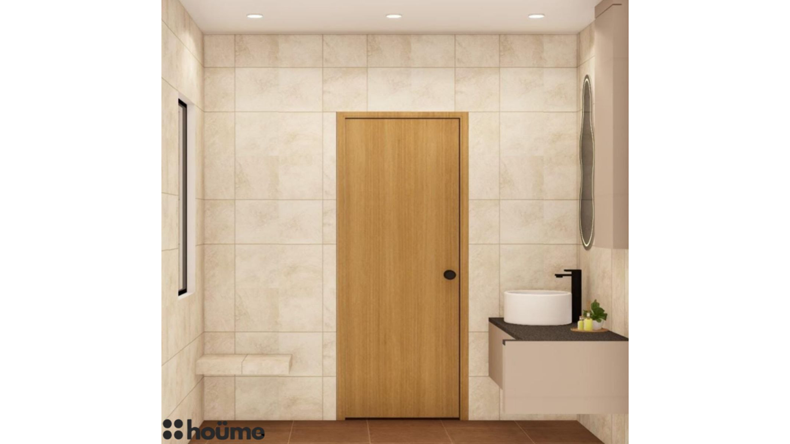 A contemporary washroom featuring beige tiles, a walk-in shower with black fixtures, and a floating vanity with integrated storage. E