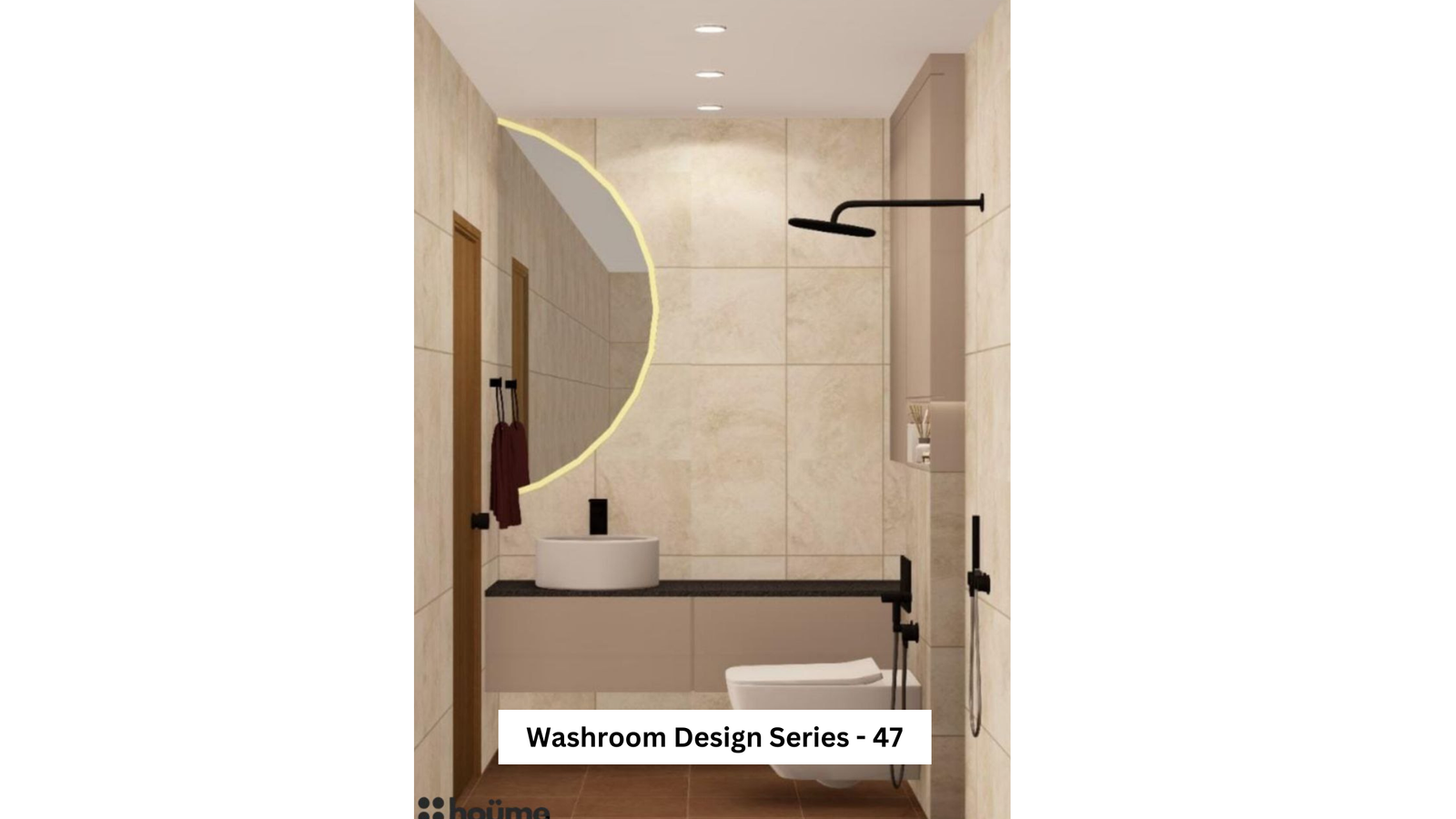A modern washroom with beige tiles, a unique half-circle mirror with LED lighting, and black bathroom fixtures. A