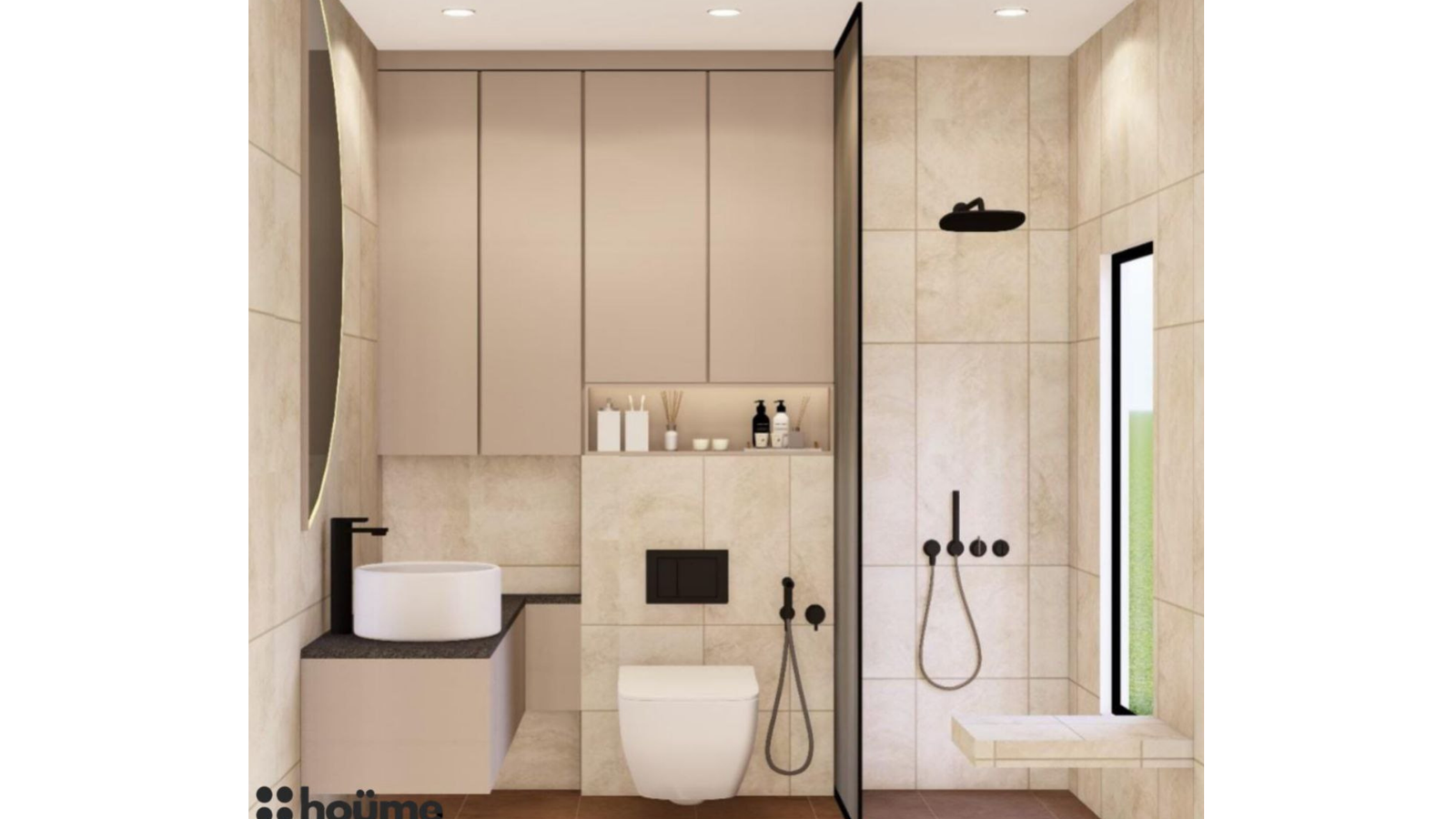 A modern washroom with beige tiles, a unique half-circle mirror with LED lighting, and black bathroom fixtures. B