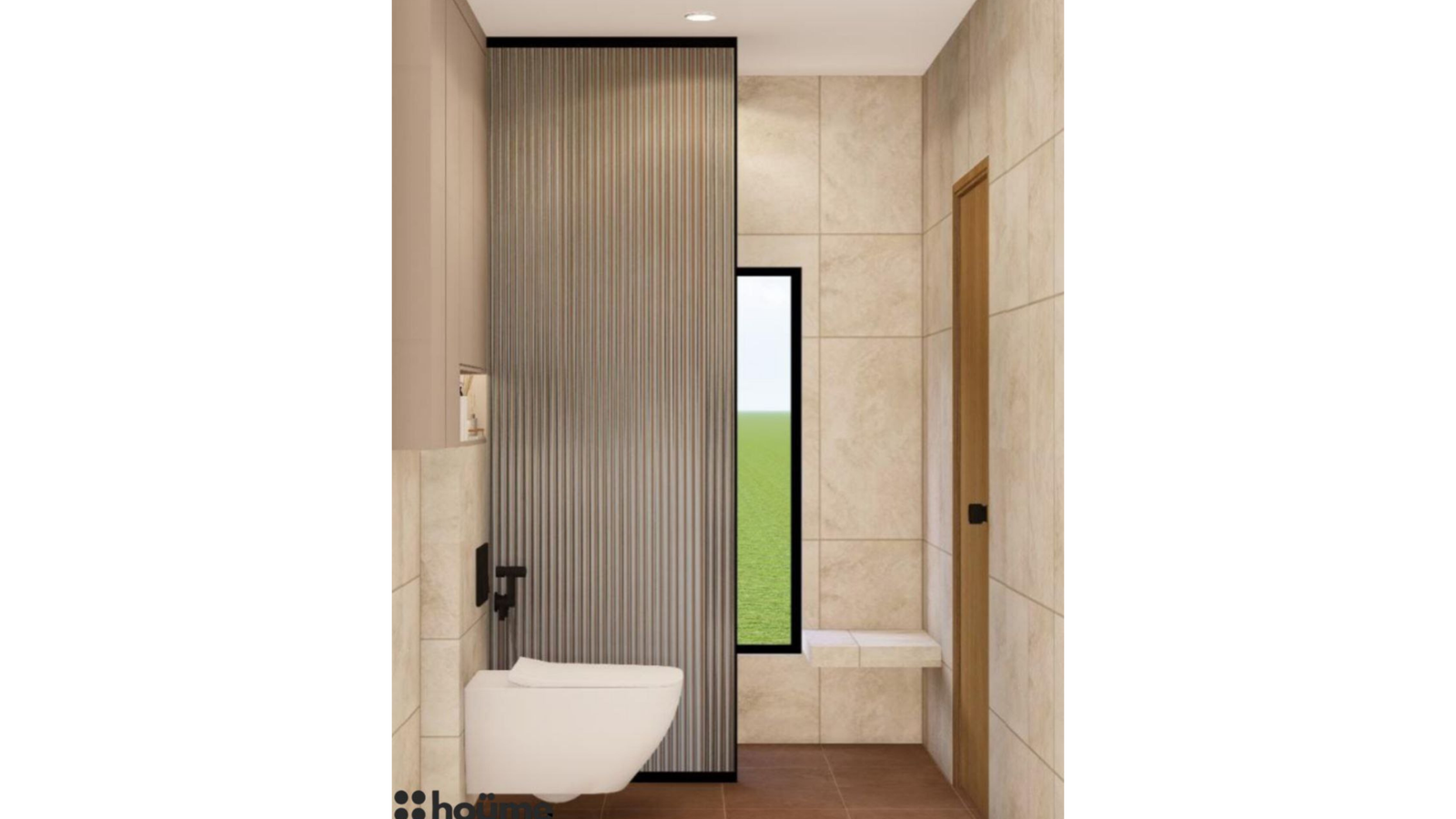 A modern washroom with beige tiles, a unique half-circle mirror with LED lighting, and black bathroom fixtures. C