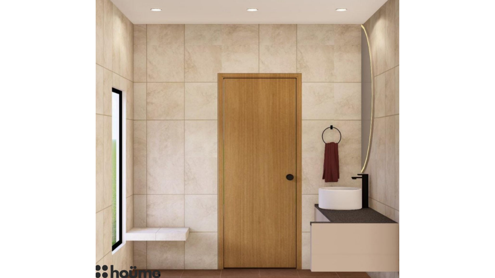 A modern washroom with beige tiles, a unique half-circle mirror with LED lighting, and black bathroom fixtures. D