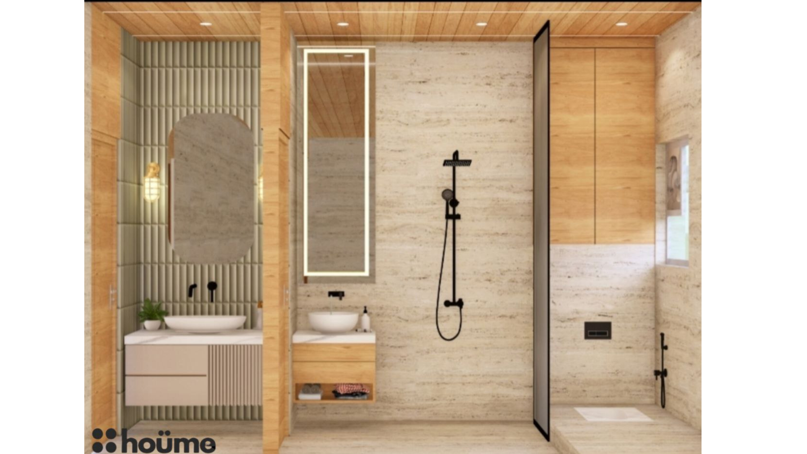 A contemporary washroom featuring a textured wall with vertical tiles, an oval mirror, and a floating vanity. C