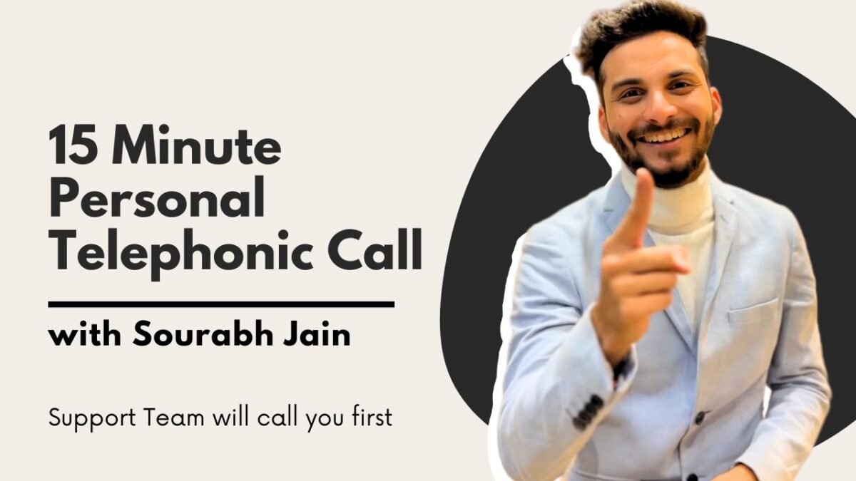 A promotional graphic for a 15-minute personal telephonic call with Sourabh Jain, supported by his team.