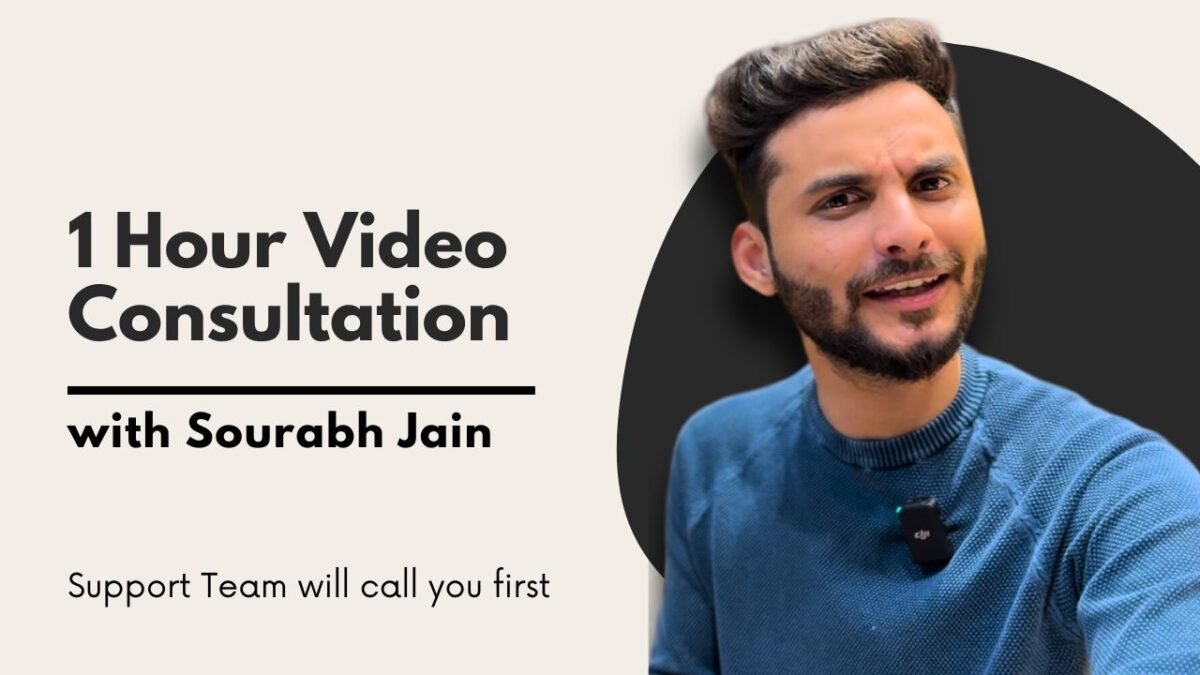 A promotional graphic for a 1-hour video consultation with Sourabh Jain, supported by his team.