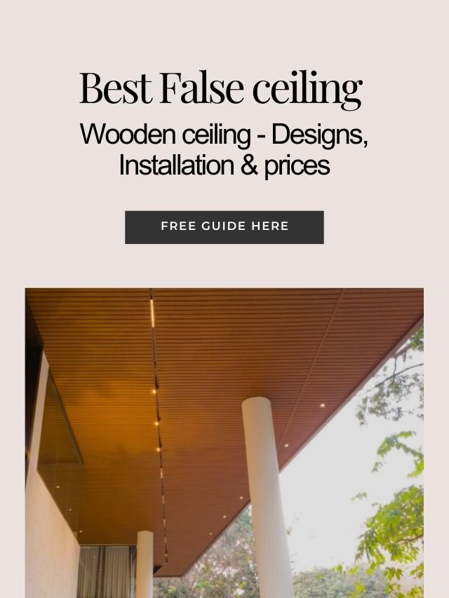 A modern building with a striking wooden false ceiling, featuring clean lines and integrated lighting.