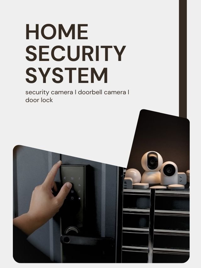 A person's hand entering a passcode on a smart door lock, with security cameras in the background.