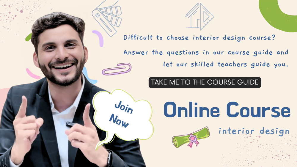 Pastel-colored graphic with text: "Difficult to choose interior design course? Answer the questions in our course guide and let our skilled teachers guide you. TAKE ME TO THE COURSE GUIDE." Icons include paint swatches, a house outline with a ruler, a paperclip, and a certificate.