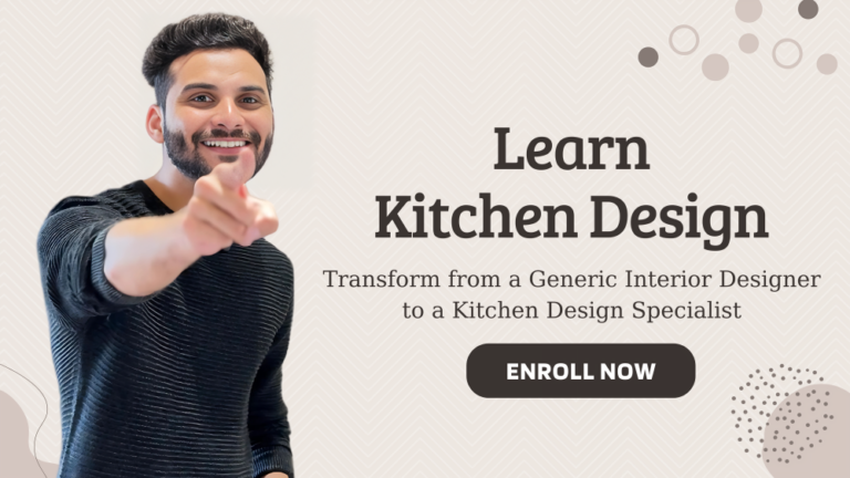Image with a beige background and text overlay: "Learn Kitchen Design. Transform from a Generic Interior Designer to a Kitchen Design Specialist. ENROLL NOW." Decorative circles in the corners.