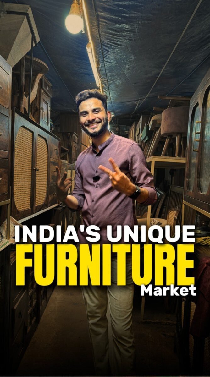 Houme explores the hidden antique furniture market in Lajpat Nagar, Delhi, featuring a diverse collection of vintage wooden furniture.