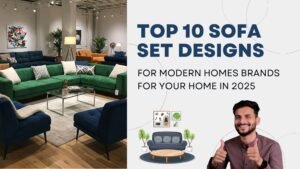 A spacious, modern living room with a variety of stylish sofas, illustrating trending sofa set designs for 2025.