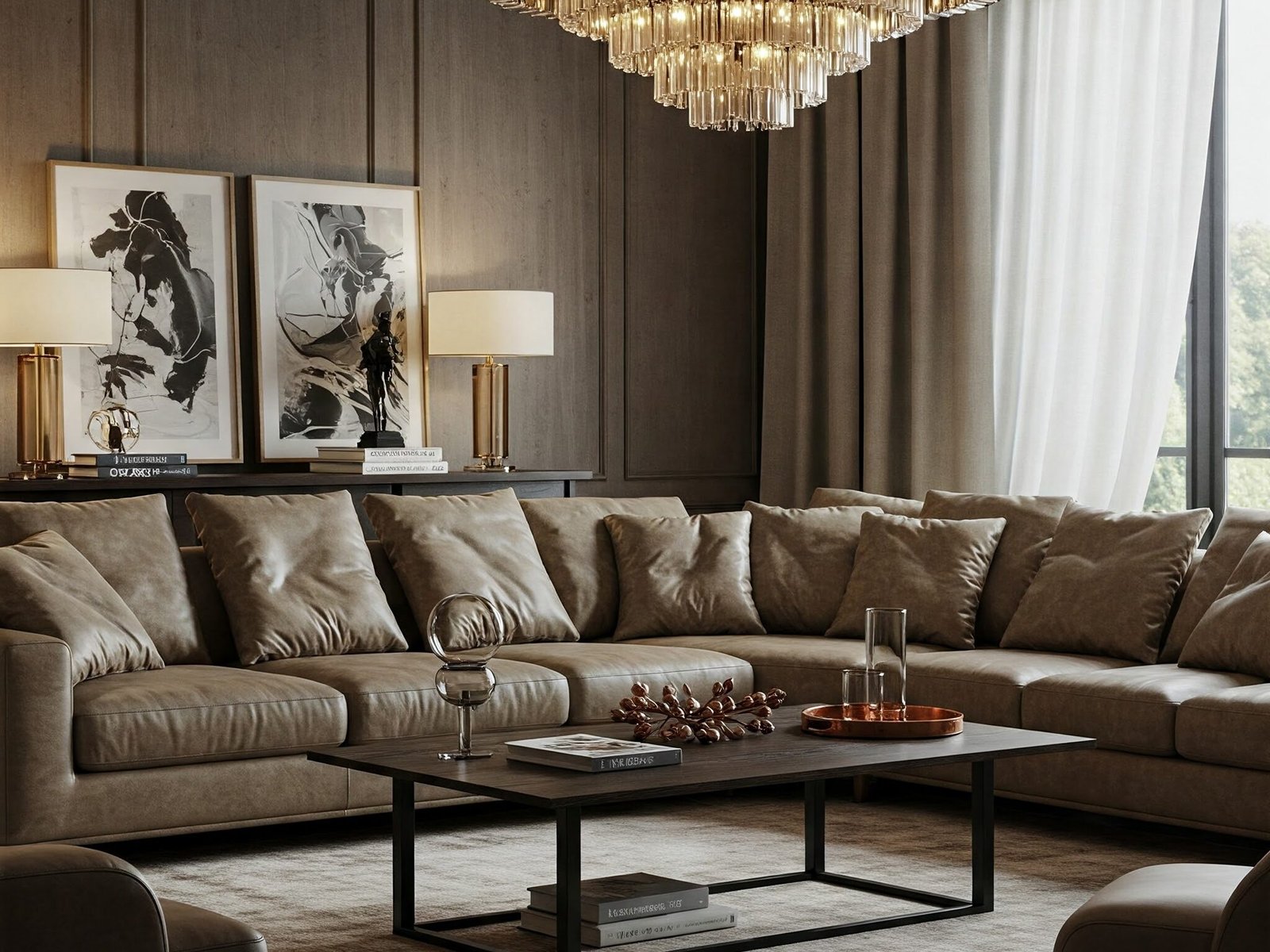 A luxurious living room with a Natuzzi Italia "Italia" leather sofa. Highlight the sofa's exceptional leather quality, Italian craftsmanship, and sense of refined elegance. The room should exude a sense of high-end luxury.
