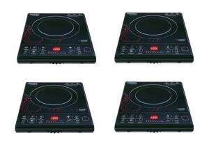 Four Usha Cook Joy (3616) 1600-Watt Induction Cooktops in black, showcasing the control panel and cooking surface.