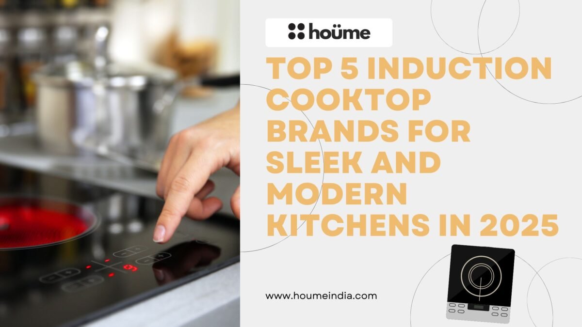 A hand interacting with a sleek, black induction cooktop, representing the top 5 induction cooktop brands for modern kitchens in 2025, presented by Houme.