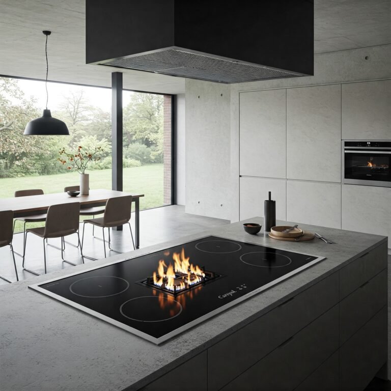 A Comyal cooktop with a built-in downdraft ventilation system, shown in a sleek, modern kitchen setting.