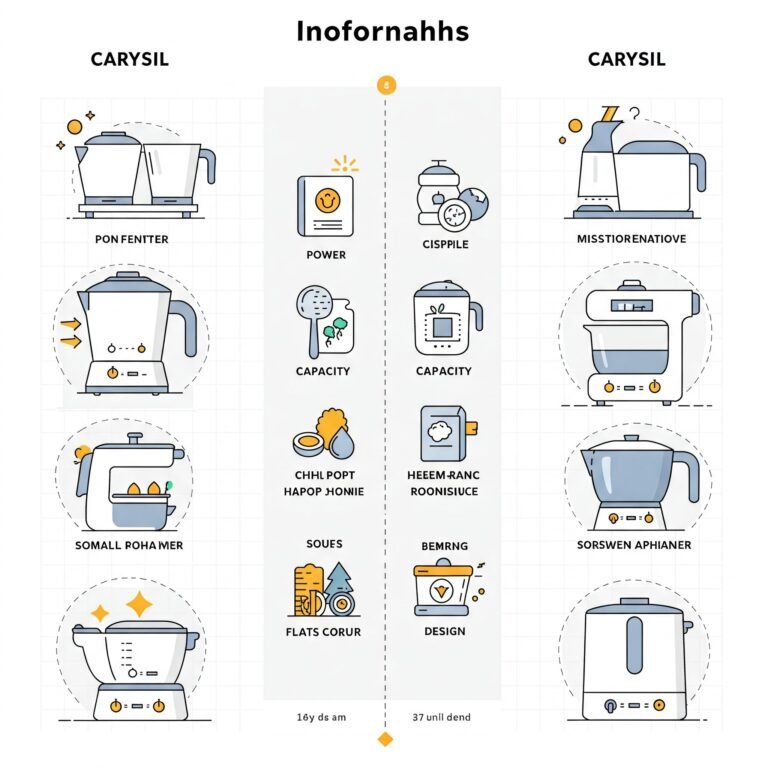 Comparison chart of CARYSIL appliances, showcasing various features, designs, and categories like capacity and power.