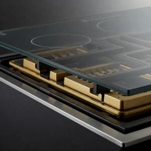 Close-up of a premium cooktop, showcasing a sleek glass surface and high-quality brass burner components.