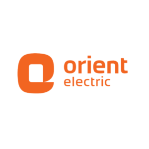 Orient Electric logo, featuring an orange "O" with a square cutout and the words "orient electric" in gray.