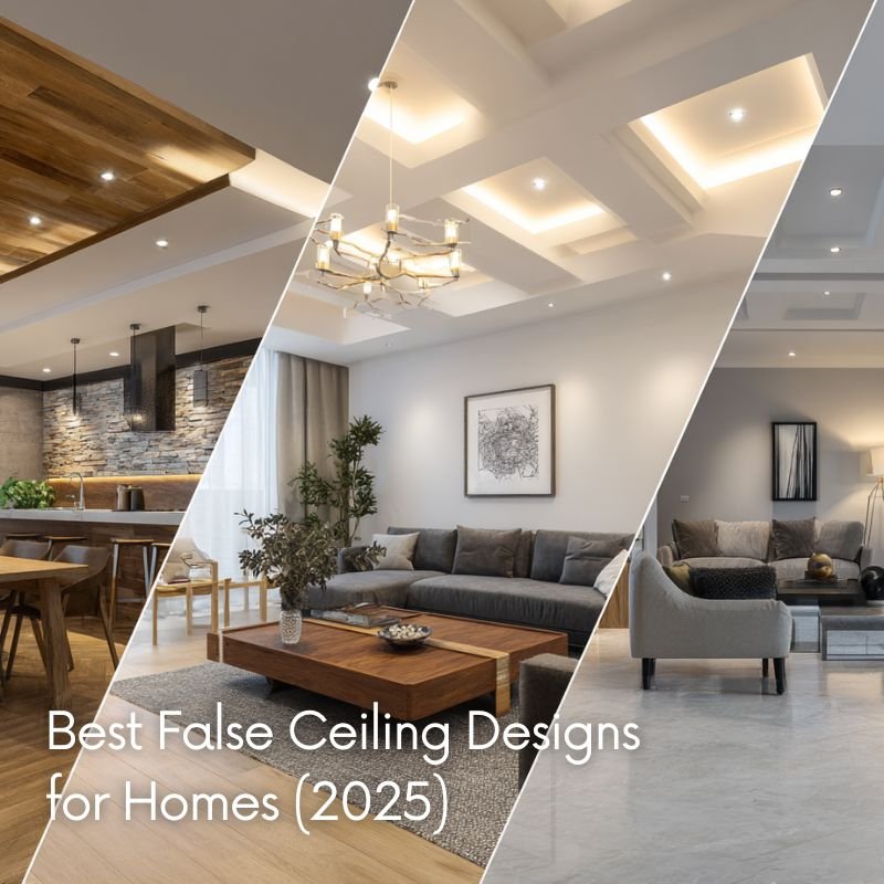 A collage showcasing the best false ceiling designs for homes in 2025, including modern living rooms and a kitchen with wooden and coffered ceiling styles.