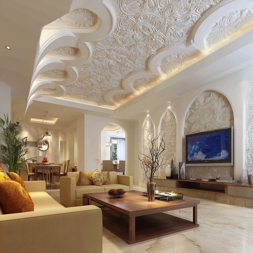 Luxurious living room featuring an ornate, intricately carved false ceiling with hidden cove lighting and matching decorative wall arches.