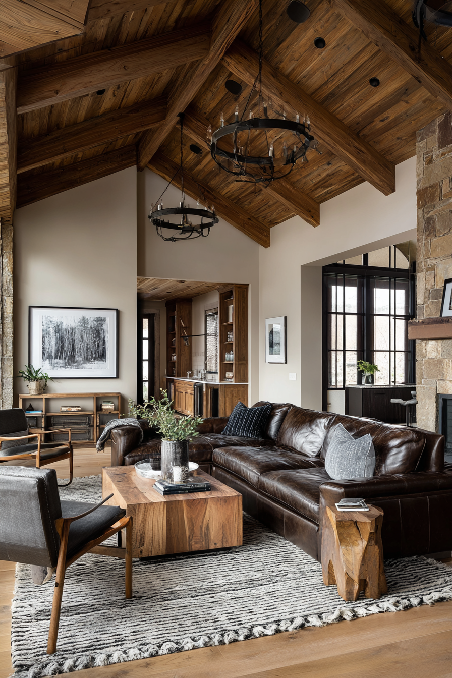 Spacious rustic living room featuring a high vaulted wooden ceiling with exposed beams, a large brown leather sofa, and industrial-style chandeliers.