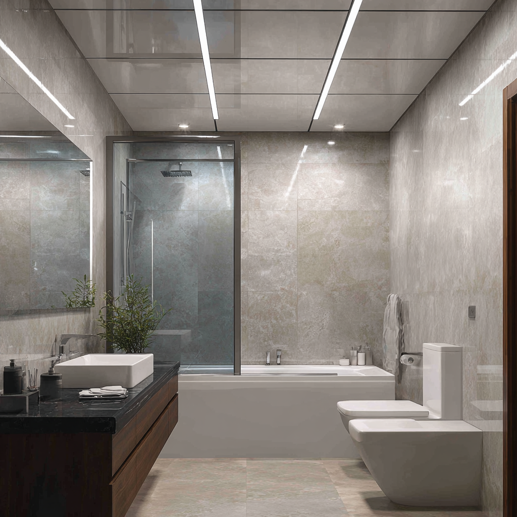 Luxurious modern bathroom featuring grey marble tiles, a glossy ceiling with integrated linear LED strip lights, and a dark wood vanity with a white vessel sink.