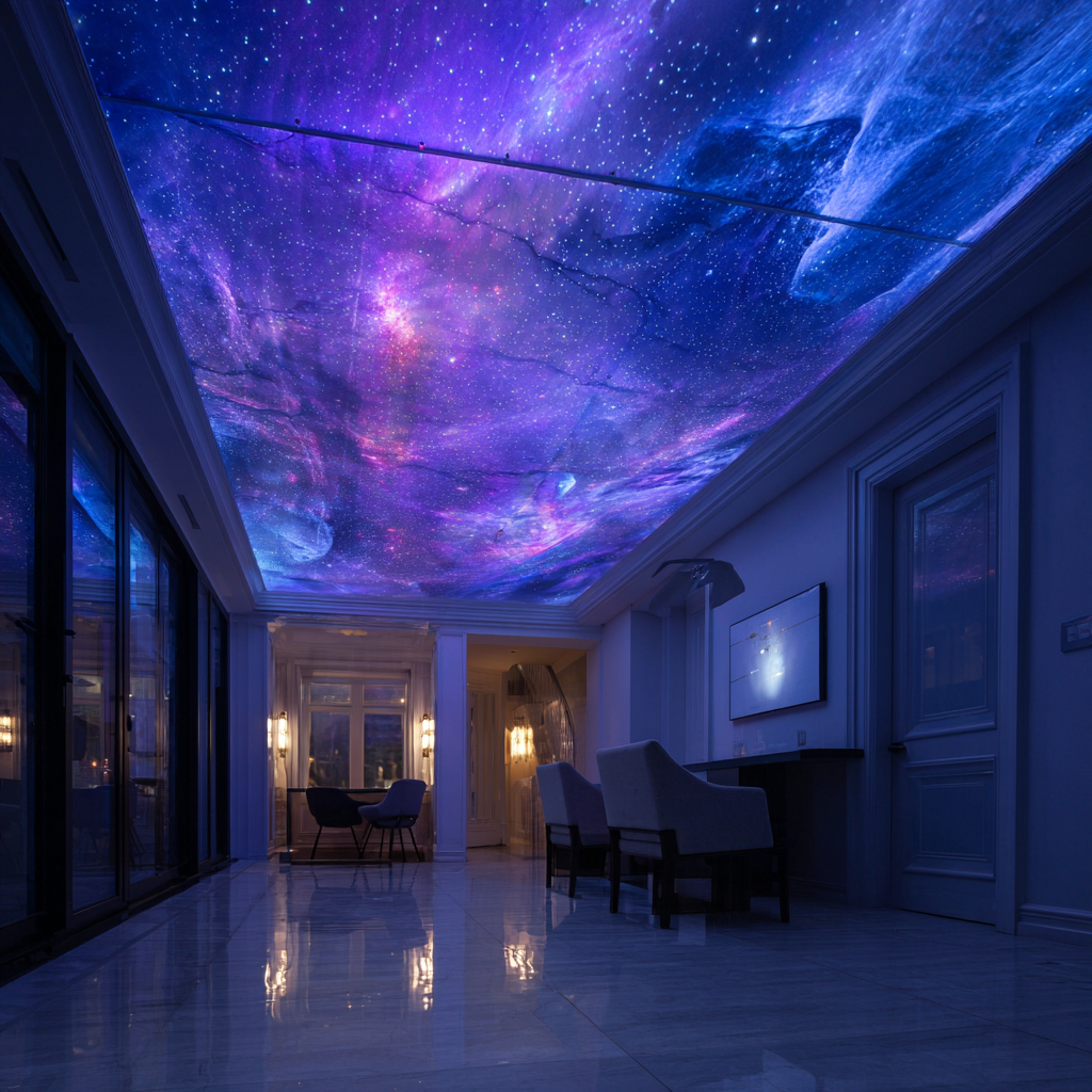 A luxurious modern hallway featuring a backlit 3D false ceiling that displays a vibrant image of a purple and blue galaxy with stars.