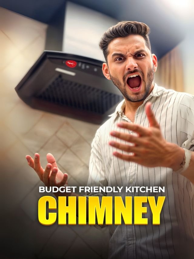 A man with a shocked expression in front of a Pigeon kitchen chimney, with the text 'Budget Friendly Kitchen Chimney'.